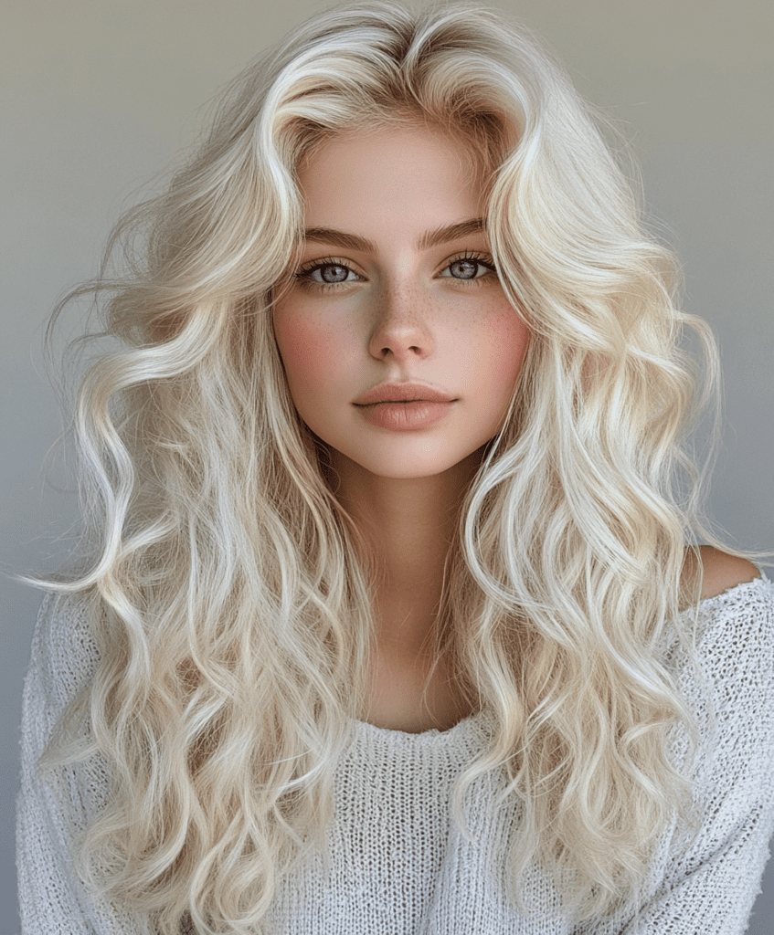 Voluminous platinum blonde curly hairstyle