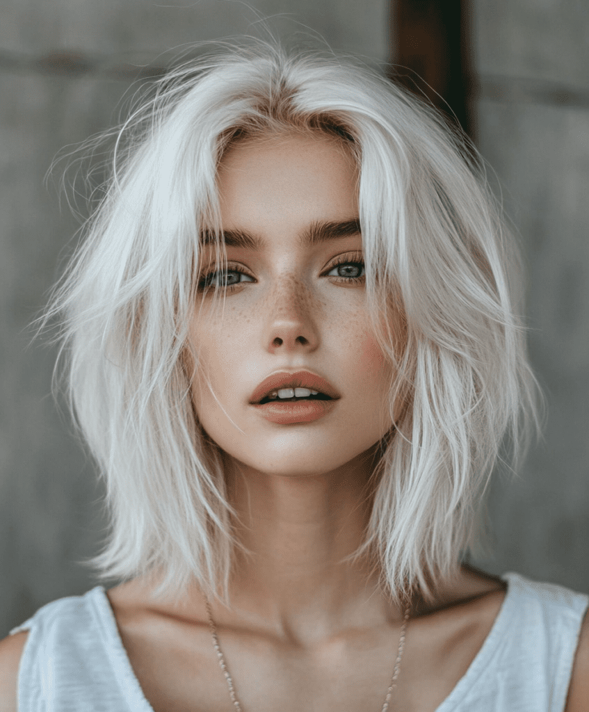 Choppy platinum blonde lob hairstyle