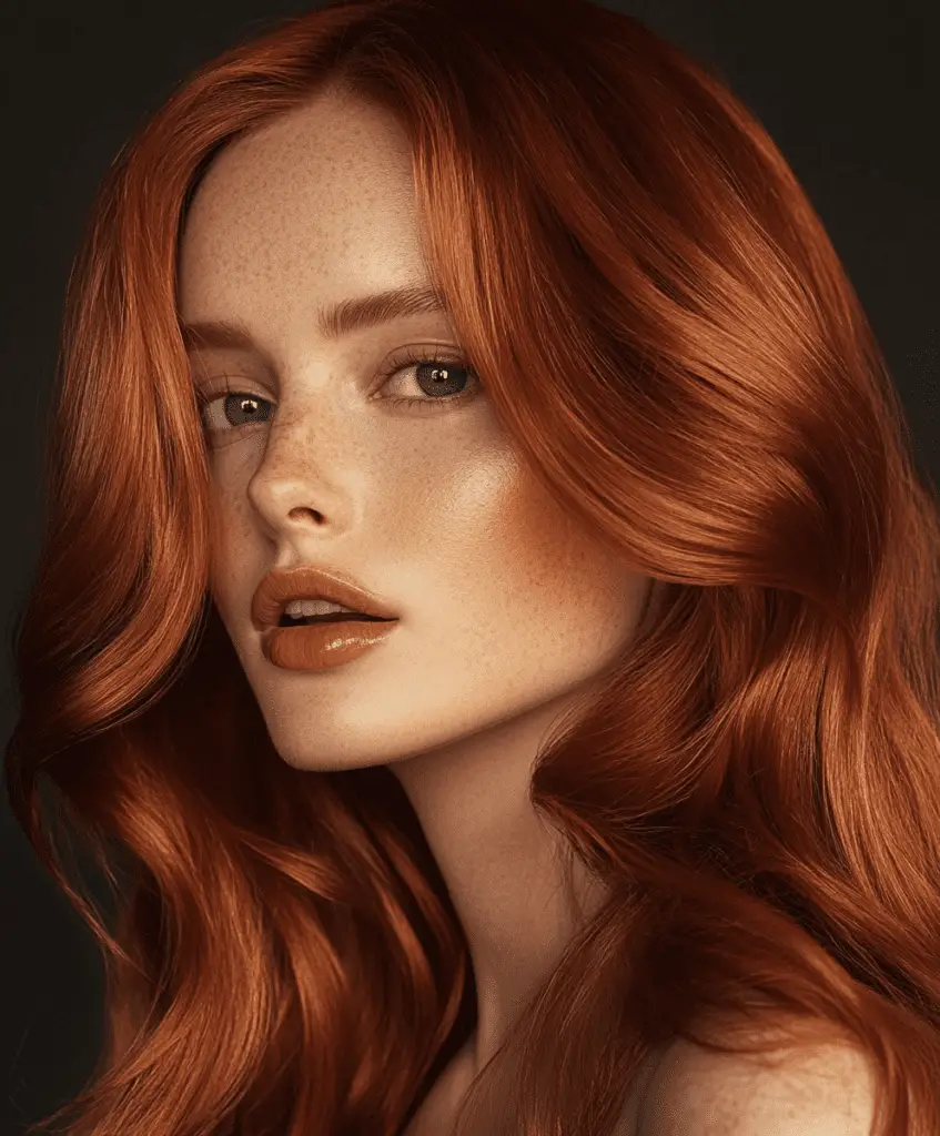 Shimmering copper hair with a metallic finish