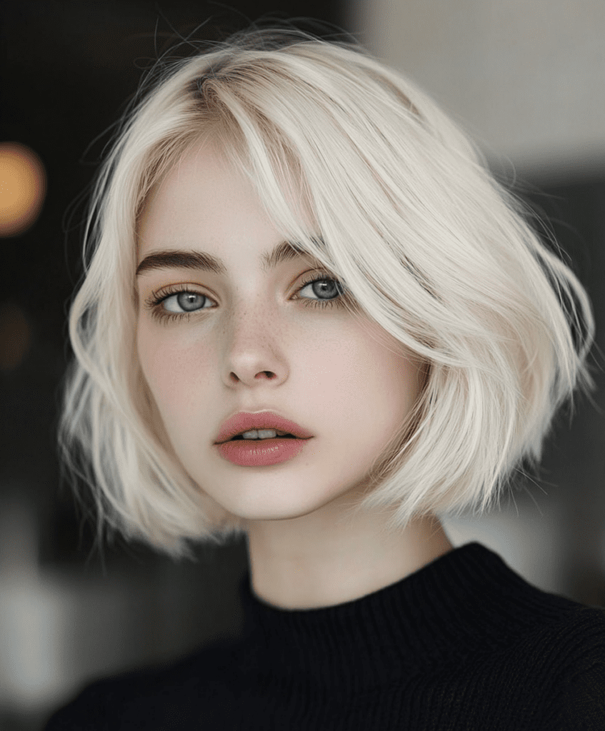 Asymmetrical platinum blonde bob hairstyle