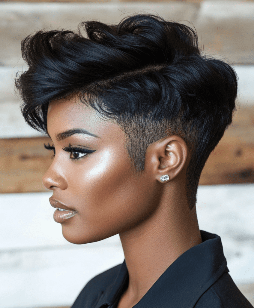 A Black woman with short sides and a voluminous