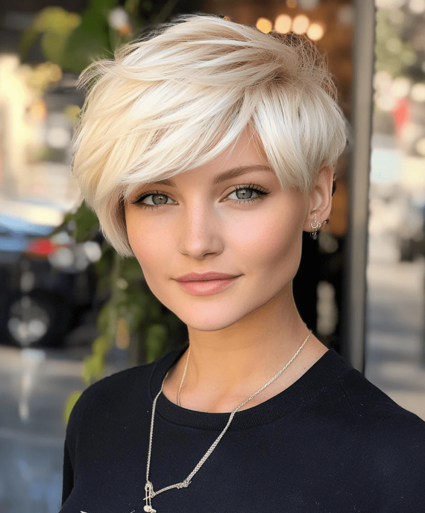 Platinum blonde pixie cut with side-swept bangs