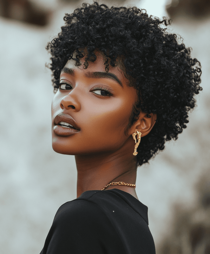 : A side profile of a Black woman with a tapered afro