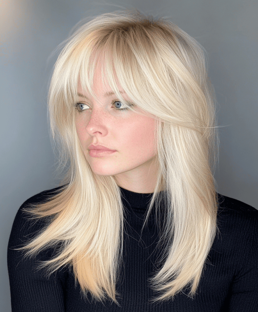 Platinum blonde shag cut with curtain fringe