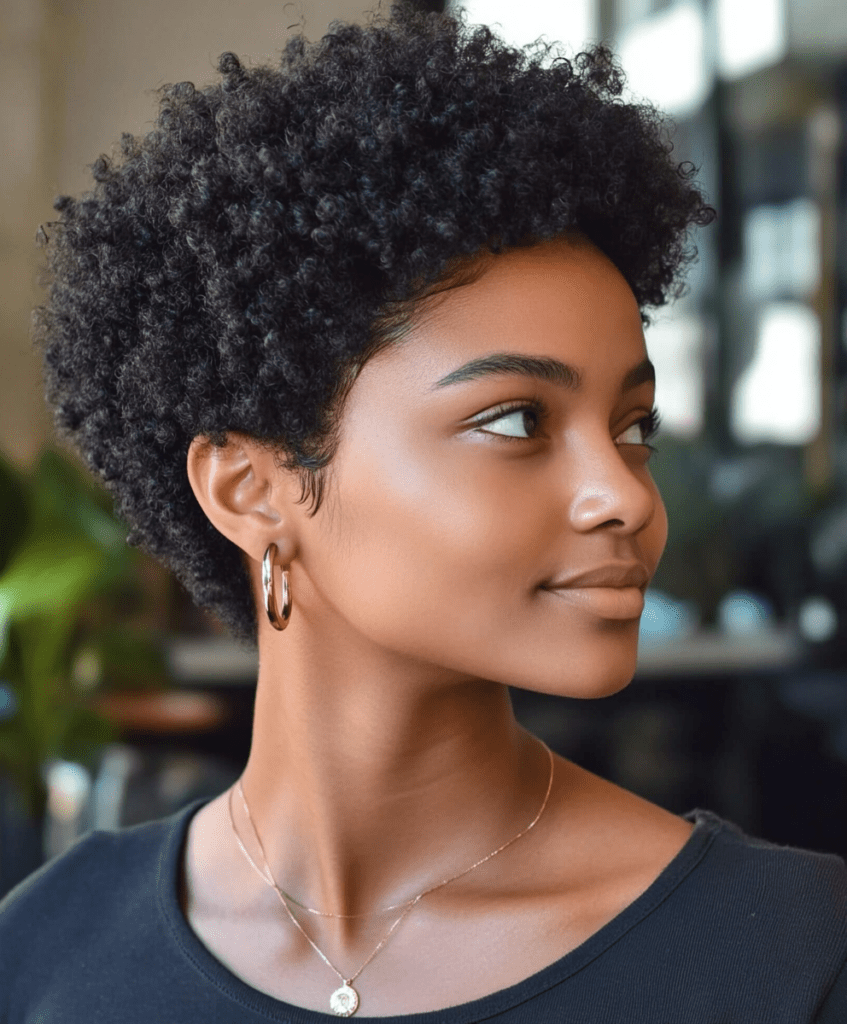 A Black woman with a very short afro