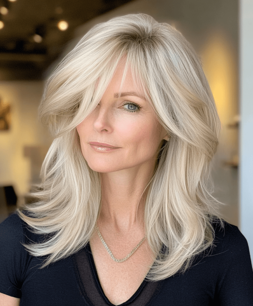 Platinum blonde shag cut with side-swept bangs