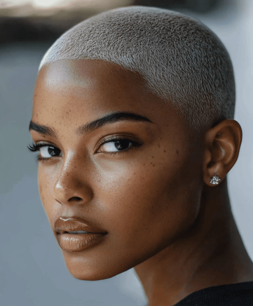 front view of a Black woman with a very short buzz cut