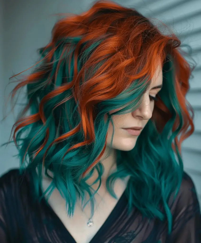 Bold copper hair with vibrant teal highlights