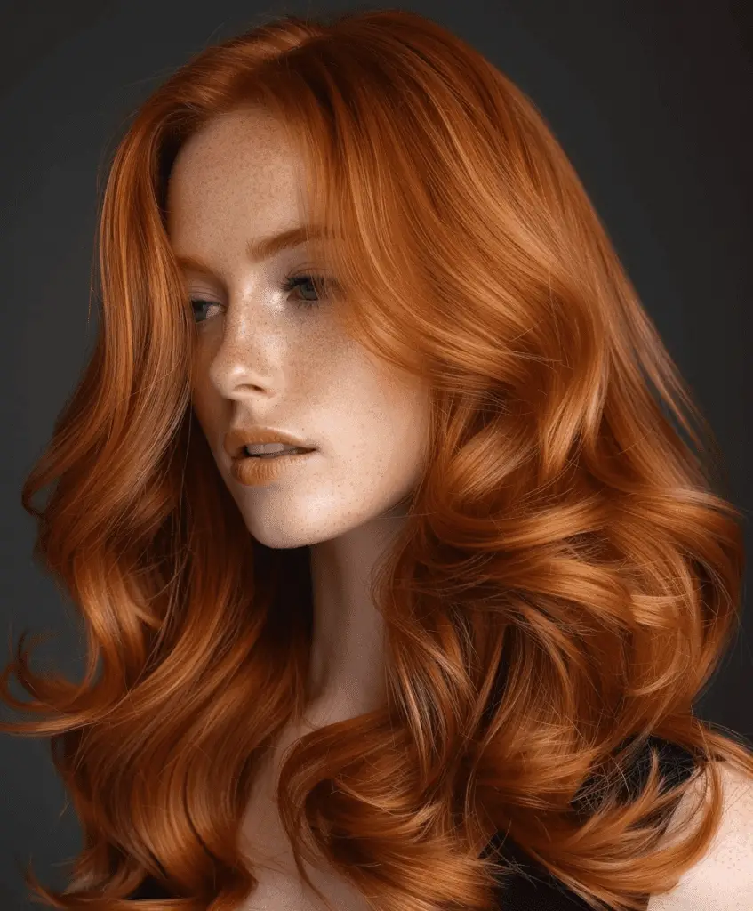 Warm copper and caramel swirl hair color