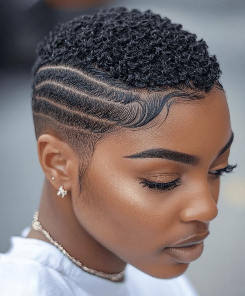  A very short haircut on a Black woman with intricately 