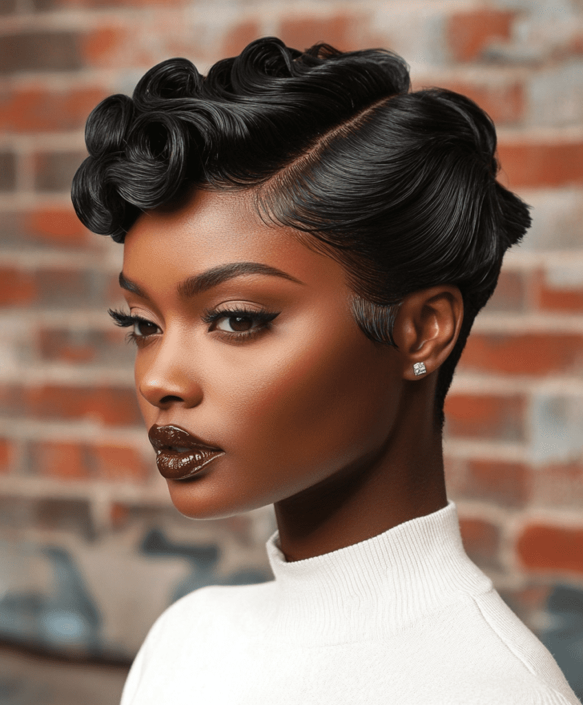 A Black woman with a tapered cut styled with finger waves 