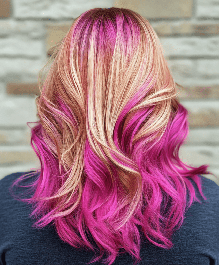 Bold fuchsia curls on blonde hair 