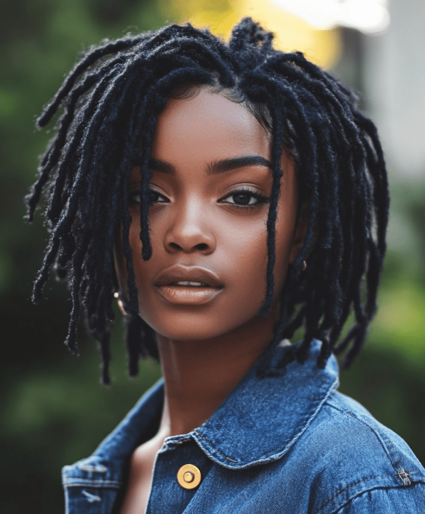 A close-up of a Black woman's head covered in very thin