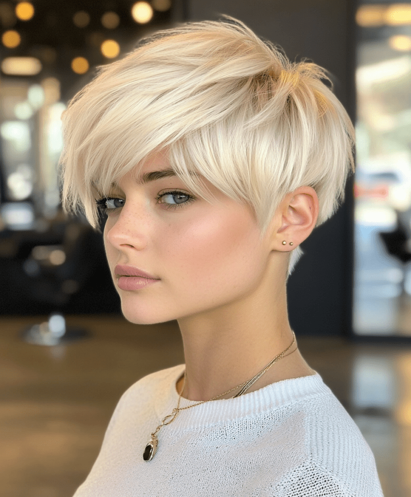 Platinum blonde pixie cut with undercut and fringe