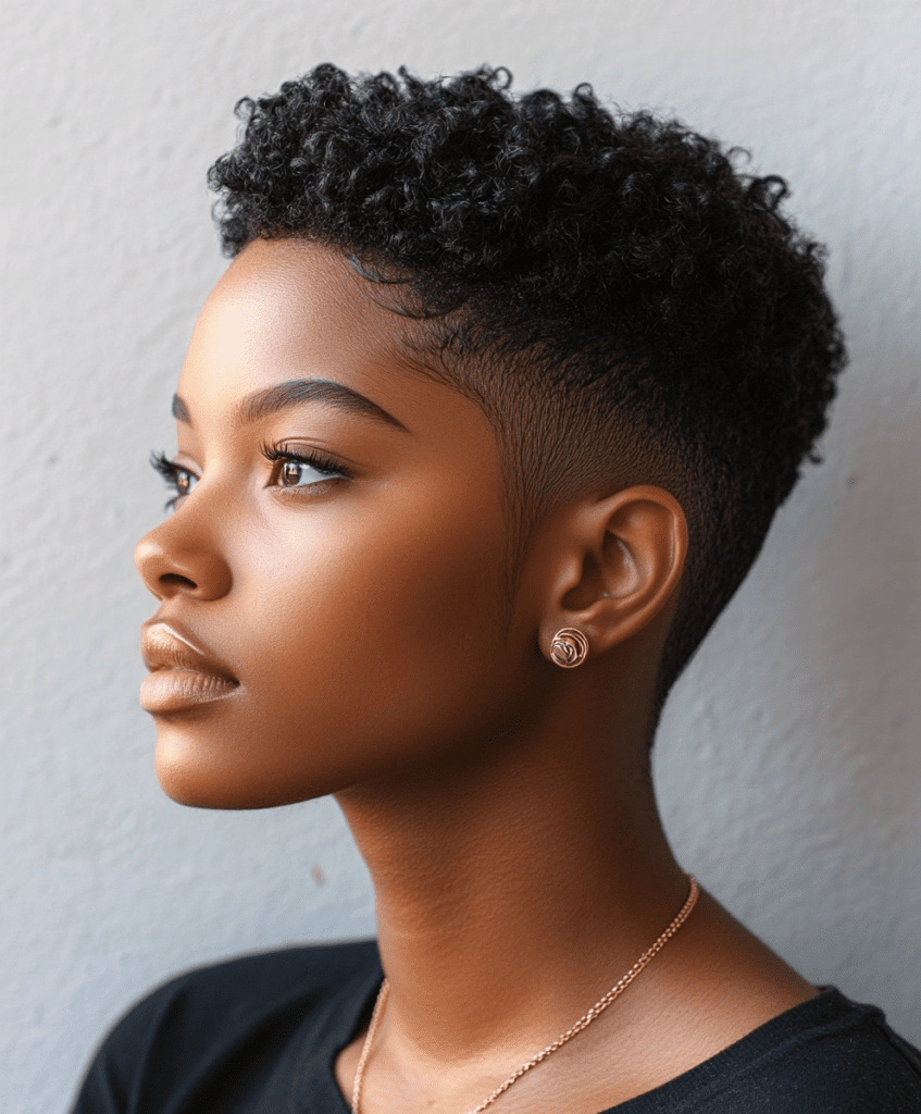 A Black woman with a fade haircut